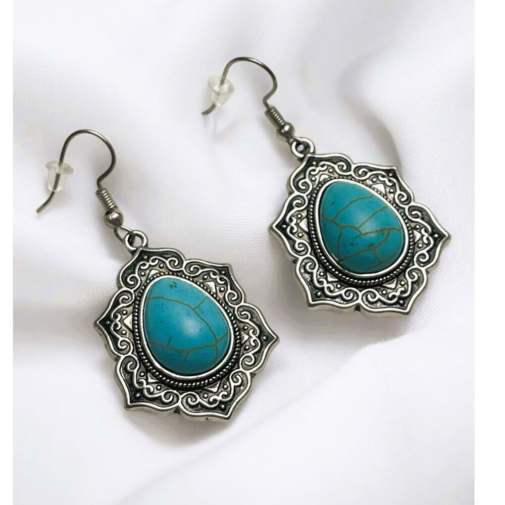 Silver Plated, Turquoise (Artificial) Teardrop, Boho Style, Dangle Earrings